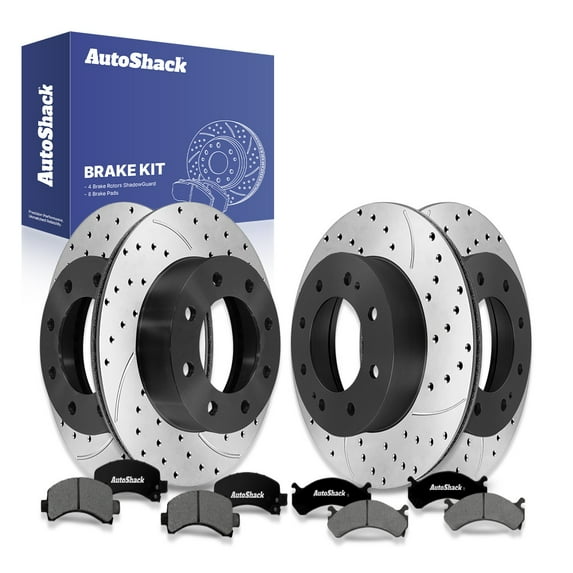 AutoShack Front & Rear Brake Rotors & Premium Pads for Chevrolet & GMC, Express 3500 2003-2017 Savana 3500 2003-2017, RWD L4 2.8L V8 4.8L 6.0L 6.6L - E-Coated Drilled & Slotted - ShadowGuard