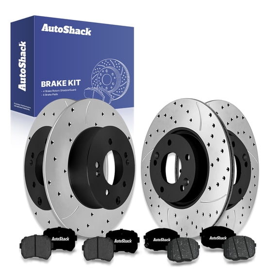 AutoShack Front & Rear Brake Rotors & Premium Pads for Kia, Forte 2010-2013 Forte Koup 2010-2013, FWD L4 2.4L - E-Coated Drilled & Slotted - ShadowGuard