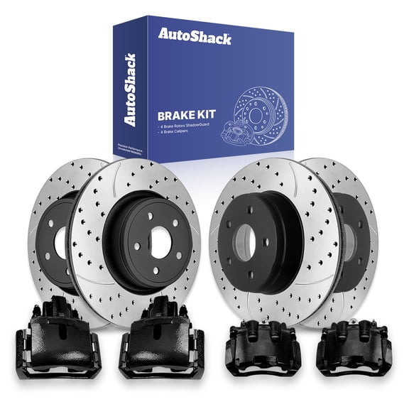 AutoShack Front & Rear Brake Rotors & Black Calipers for Ram, 1500 2011-2018 1500 Classic 2019-2023, 4WD RWD V6 3.0L 3.6L 3.7L V8 4.7L 5.7L - E-Coated Drilled & Slotted - ShadowGuard