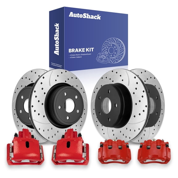 AutoShack Front & Rear Brake Rotors & Red Calipers for Ram, 1500 2011-2018 1500 Classic 2019-2023, 4WD RWD V6 3.0L 3.6L 3.7L V8 4.7L 5.7L - E-Coated Drilled & Slotted - ShadowGuard