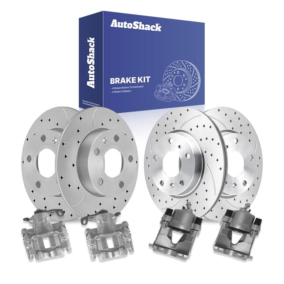 AutoShack Front & Rear Brake Rotors & Calipers for Volkswagen, Beetle 2000-2010 Golf 2000, 2002-2006, FWD L4 1.9L 2.0L L5 2.5L - Coated Drilled & Slotted - Silver Matte Finish - TurboGuard