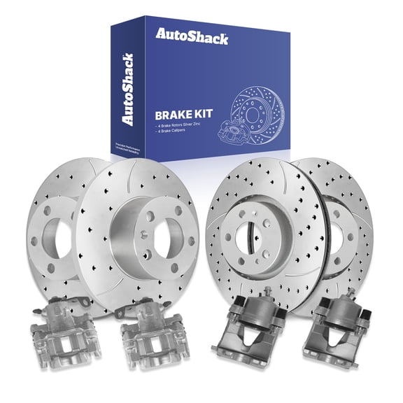 AutoShack Front & Rear Brake Rotors & Calipers for Volkswagen, Beetle 2000-2010 Golf 2000, 2002-2006, FWD L4 1.9L 2.0L L5 2.5L - Silver Zinc Coated Drilled & Slotted - SilverShield Pro