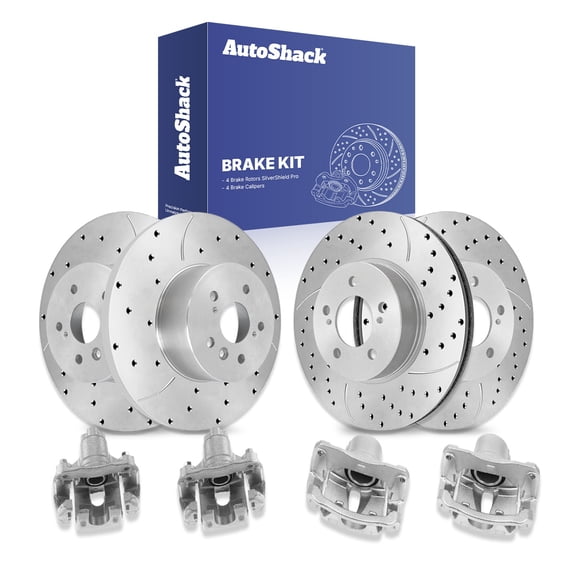 AutoShack Front & Rear Drilled & Slotted Brake Rotors Calipers | Replacement for 2005-2007 Toyota Avalon 2004-2008 Toyota Solara | Silver Zinc Coated | 8-PC Brake Kit | SilverShield Pro