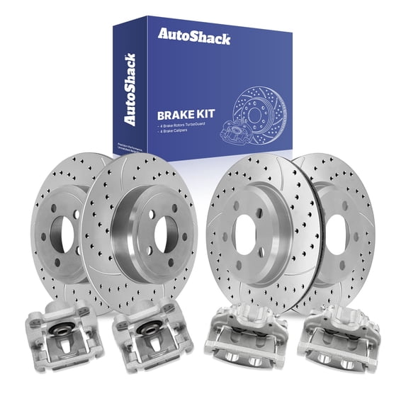 AutoShack Front & Rear Brake Rotors & Calipers for Dodge, Charger 2006-2009 Magnum 2006-2008, RWD V6 3.5L - Coated Drilled & Slotted - Silver Matte Finish - TurboGuard