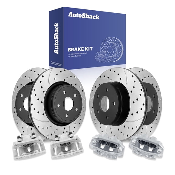 AutoShack Front & Rear Brake Rotors & Calipers for Dodge, Ram 1500 2006-2008, 4WD RWD V6 3.7L V8 4.7L 5.7L - E-Coated Drilled & Slotted - ShadowGuard