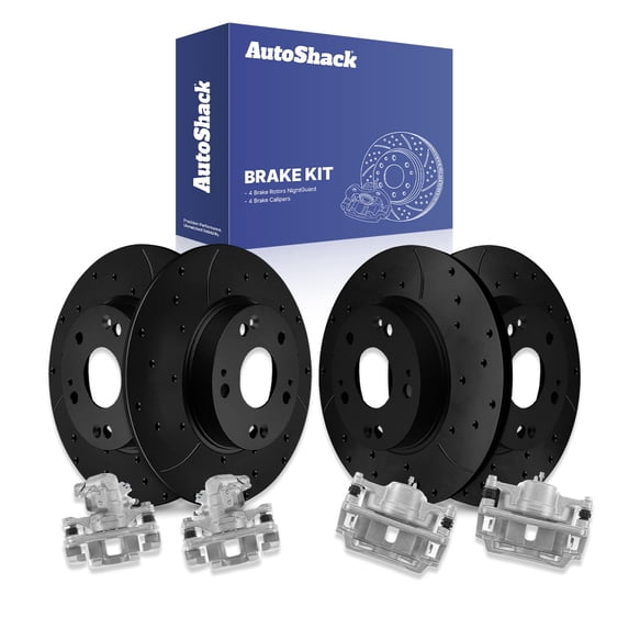 AutoShack Front Vented & Rear Solid Drilled & Slotted E-Coated Brake Rotors Black Finish + Calipers 8-PC Brake Kit Replacement for 2006-2011 Honda Civic NightGuard