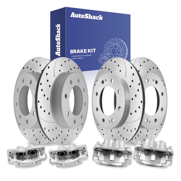 AutoShack Front Vented & Rear Vented Drilled & Slotted Coated Brake Rotors Silver Matte Finish + Calipers 8-PC Brake Kit Replacement for 2004-2020 Chevrolet Express 3500 TurboGuard