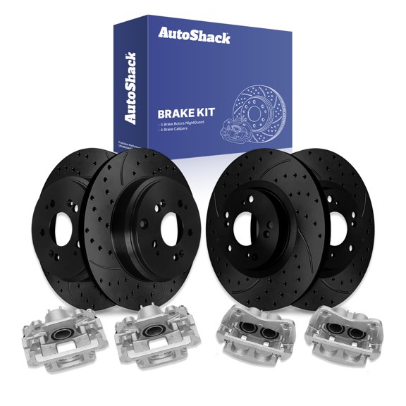 AutoShack Front & Rear Drilled & Slotted Brake Rotors Calipers | Replacement for 2007-2013 Acura MDX 2010-2013 ZDX 3.7L V6 AWD | Black E-Coated | 8-PC Brake Kit | NightGuard