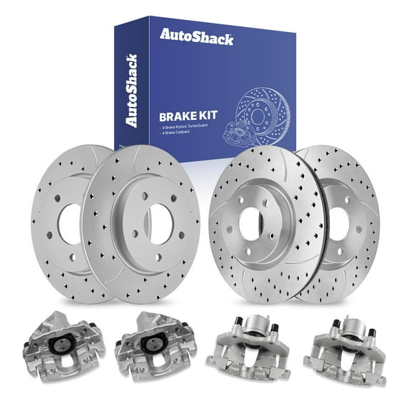 AutoShack Front & Rear Drilled & Slotted Brake Rotors Calipers | Replacement for 2007 Mazda 3 2.0L FWD | Silver Matte Finish | 8-PC Brake Kit | TurboGuard