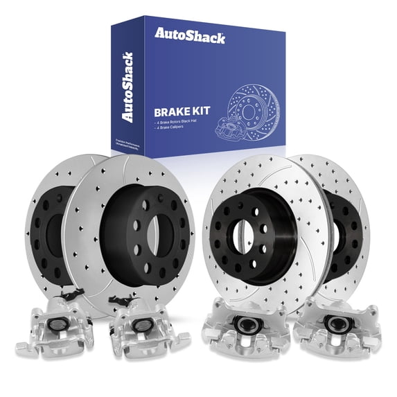 AutoShack Front & Rear Brake Rotors & Calipers for Volkswagen & Audi, Jetta 2005-2009 A3 2008, FWD L4 2.0L L5 2.5L - E-Coated Drilled & Slotted - ShadowGuard