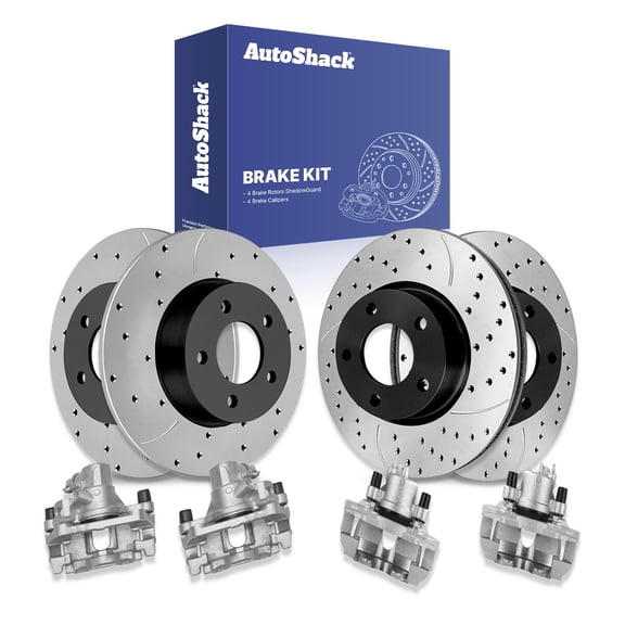 AutoShack Front & Rear Drilled & Slotted Brake Rotors Calipers | Replacement for 2010-2013 Mazda 3 3 Sport 2.0L FWD | E-Coated | 8-PC Brake Kit | ShadowGuard
