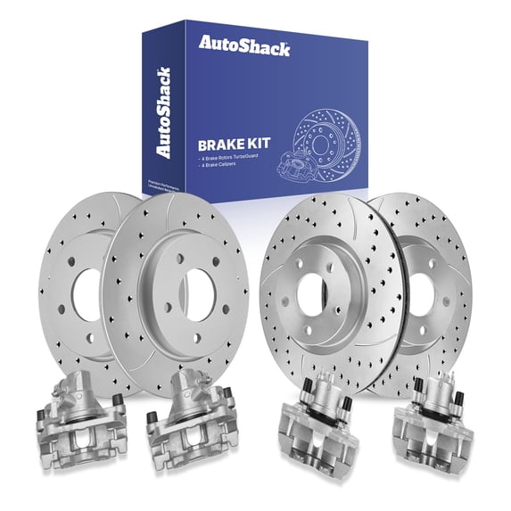 AutoShack Front & Rear Brake Rotors & Calipers for Mazda, 3 2010-2012 3 Sport 2010-2013, FWD L4 2.0L - Coated Drilled & Slotted - Silver Matte Finish - TurboGuard