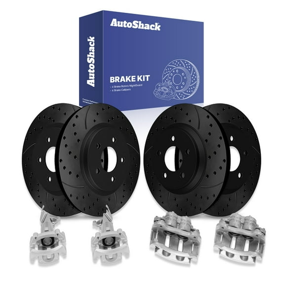 AutoShack Front Vented & Rear Vented Drilled & Slotted E-Coated Brake Rotors Black Finish + Calipers 8-PC Brake Kit Replacement for 2005-2010 Ford Mustang 2012-2014 Ford Mustang NightGuard