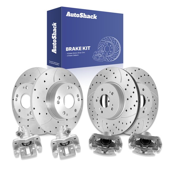 AutoShack Front & Rear Brake Rotors & Calipers for Acura, ILX 2014-2015, FWD L4 2.4L - Silver Zinc Coated Drilled & Slotted - SilverShield Pro