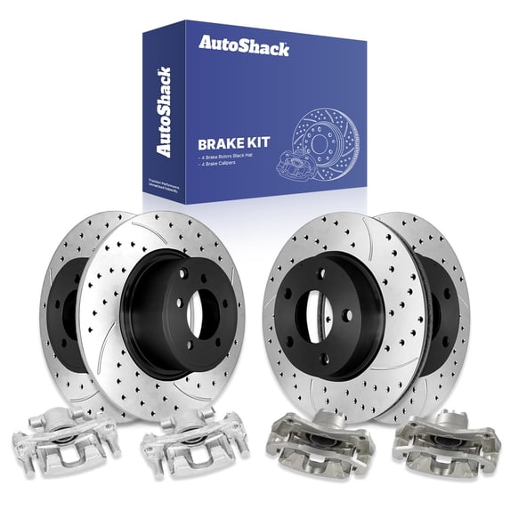 AutoShack Front & Rear Brake Rotors & Calipers for Mitsubishi, Lancer 2014-2017, AWD FWD L4 2.4L - E-Coated Drilled & Slotted - ShadowGuard