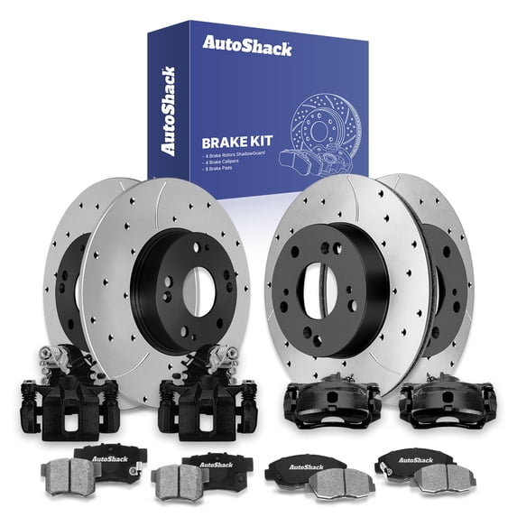 AutoShack Front & Rear Brake Rotors, Ceramic Pads & Black Calipers for Honda, Civic 2006-2011, FWD L4 1.8L - E-Coated Drilled & Slotted - ShadowGuard