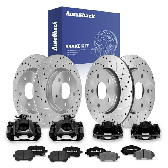 AutoShack Front & Rear Drilled & Slotted Brake Rotors Ceramic Brake Pads Calipers Black | Replacement for Chrysler Town & Country VW Routan V6 FWD | Silver Matte Finish | 16-PC Brake Kit | TurboGuard