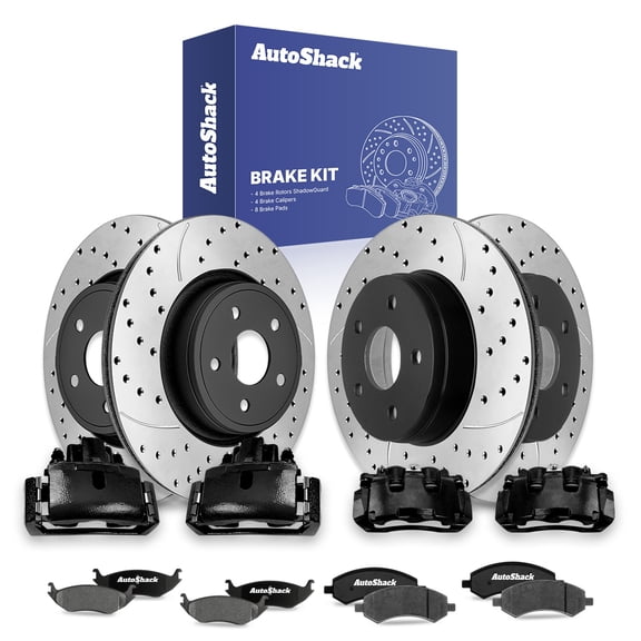 AutoShack Front & Rear Brake Rotors, Ceramic Pads & Black Calipers for Ram, 1500 2011-2018 1500 Classic 2019-2023, 4WD RWD V6 3.0L 3.6L 3.7L V8 4.7L 5.7L - E-Coated Drilled & Slotted - ShadowGuard
