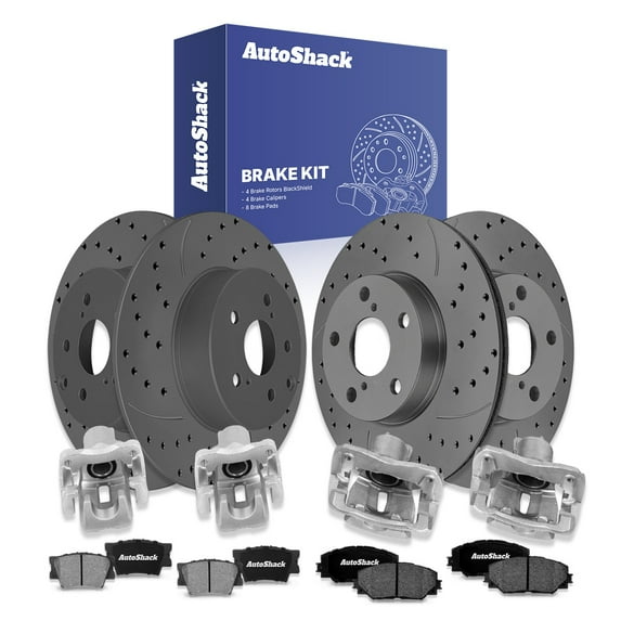 AutoShack Front & Rear Drilled & Slotted Brake Rotors Ceramic Brake Pads Calipers | Replacement for 2006-2009 Toyota RAV4 2.4L 2.5L 4WD FWD | Black Matte Finish | 16-PC Brake Kit | BlackShield