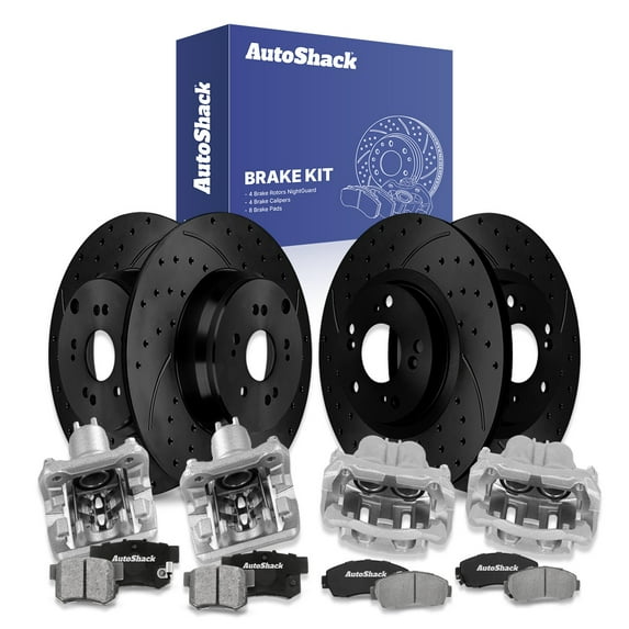 AutoShack Front Vented & Rear Solid Drilled & Slotted E-Coated Brake Rotors Black Finish + Ceramic Pads + Calipers 16-PC Brake Kit Replacement for 2007-2012 Acura RDX NightGuard