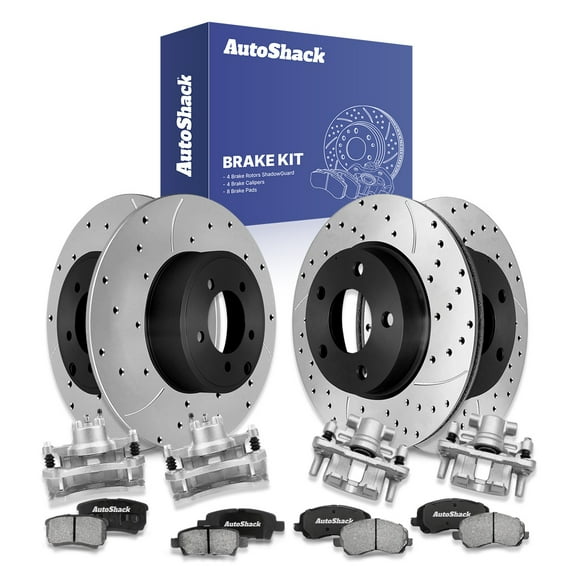 AutoShack Front Vented & Rear Solid Drilled & Slotted E-Coated Brake Rotors + Ceramic Pads + Calipers 16-PC Brake Kit Replacement for 2008-2010 Dodge Caliber ShadowGuard