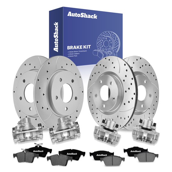 AutoShack Front & Rear Brake Rotors, Ceramic Pads & Calipers for Mazda, 3 2010-2012 3 Sport 2010, 2012-2013, FWD L4 2.0L - Coated Drilled & Slotted - Silver Matte Finish - TurboGuard