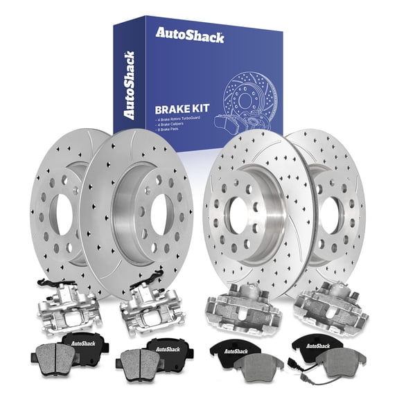 AutoShack Front Vented & Rear Solid Drilled & Slotted Coated Brake Rotors Silver Matte Finish + Ceramic Pads + Calipers 16-PC Brake Kit Replacement for 2014 Volkswagen Jetta TurboGuard
