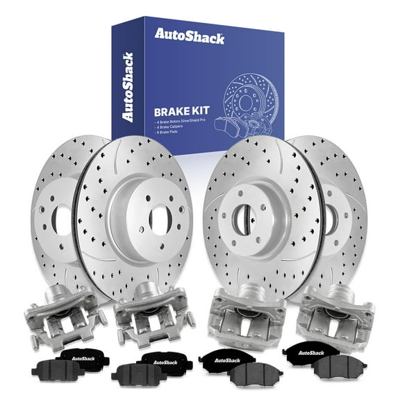 AutoShack Front & Rear Brake Rotors, Ceramic Pads & Calipers for Nissan, Murano 2011, AWD FWD V6 3.5L - Silver Zinc Coated Drilled & Slotted - SilverShield Pro