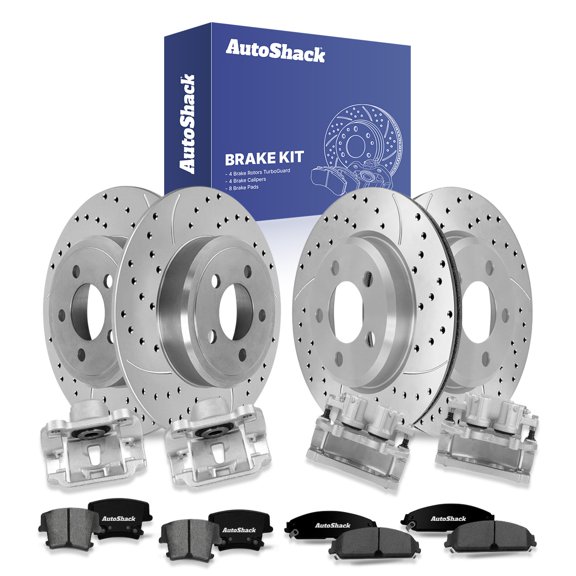 AutoShack Front & Rear Drilled & Slotted Brake Rotors Ceramic Brake Pads Calipers | Replacement for 2012-2013 Dodge Charger 3.6L V6 AWD | Silver Matte Finish | 16-PC Brake Kit | TurboGuard