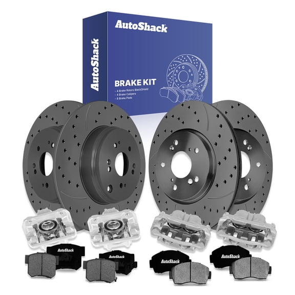 AutoShack Front & Rear Drilled & Slotted Brake Rotors Ceramic Brake Pads Calipers | Replacement for 2012-2013 Honda CR-V 2.4L AWD | Black Matte Finish | 16-PC Brake Kit | BlackShield