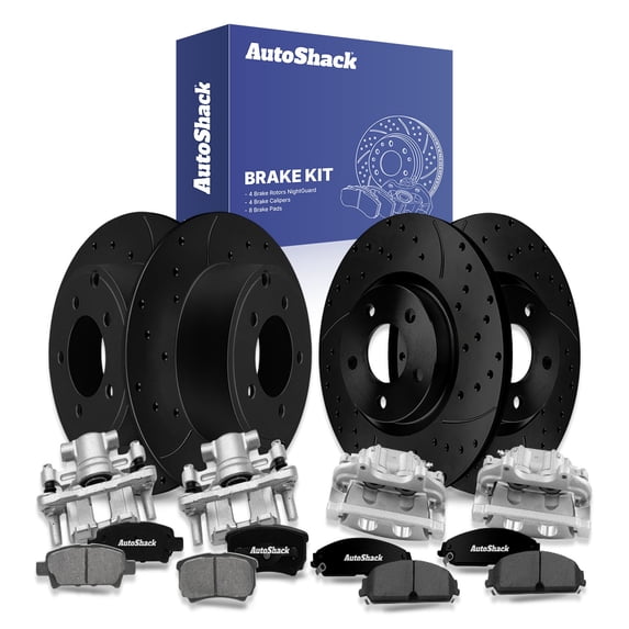 AutoShack Front & Rear Brake Rotors, Ceramic Pads & Calipers for Chrysler & Dodge, 200 2013-2014 Avenger 2013-2014, FWD L4 2.4L V6 3.6L - E-Coated Drilled & Slotted - Black Finish - NightGuard