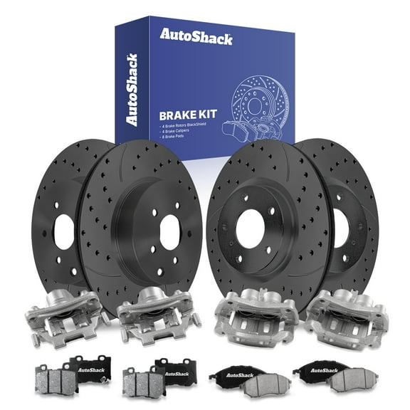 AutoShack Front & Rear Drilled & Slotted Brake Rotors Ceramic Brake Pads Calipers | Replacement for 2013 INFINITI M37 M56 2019 Q70 3.7L V6 AWD RWD | Black Matte Finish | 16-PC Brake Kit | BlackShield