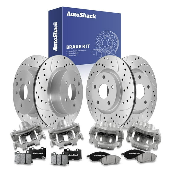 AutoShack Front & Rear Drilled & Slotted Brake Rotors Ceramic Brake Pads Calipers | Replacement for 2013 INFINITI M37 M56 2019 Q70 3.7L V6 AWD RWD | Silver Matte Finish | 16-PC Brake Kit | TurboGuard