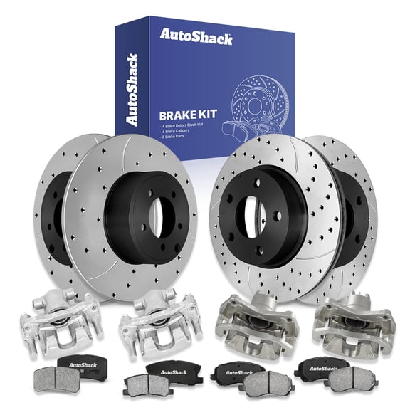 AutoShack Front & Rear Brake Rotors, Ceramic Pads & Calipers for Mitsubishi, Lancer 2015, AWD L4 2.4L - E-Coated Drilled & Slotted - ShadowGuard
