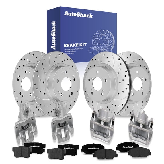 AutoShack Front & Rear Brake Rotors, Ceramic Pads & Calipers for Honda, Civic 2015, FWD L4 1.8L - Coated Drilled & Slotted - Silver Matte Finish - TurboGuard