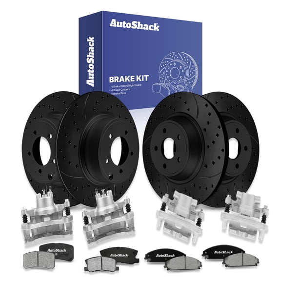AutoShack Front & Rear Brake Rotors, Ceramic Pads & Calipers for Chrysler & Dodge, 200 2013-2014 Avenger 2013, FWD L4 2.4L V6 3.6L - E-Coated Drilled & Slotted - Black Finish - NightGuard