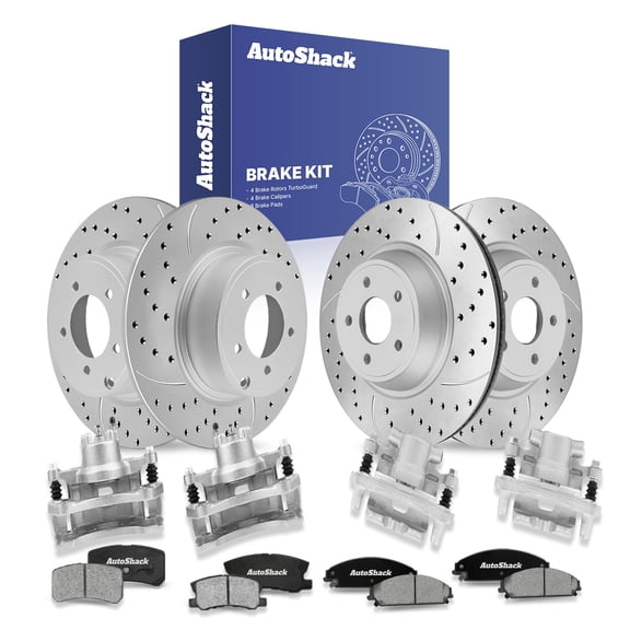 AutoShack Front & Rear Brake Rotors, Ceramic Pads & Calipers for Chrysler & Dodge, 200 2013-2014 Avenger 2013, FWD L4 2.4L V6 3.6L - Coated Drilled & Slotted - Silver Matte Finish - TurboGuard