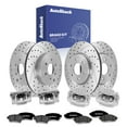 thumbnail image 1 of AutoShack Front Vented & Rear Vented Drilled & Slotted Coated Brake Rotors Silver Matte Finish + Ceramic Pads + Calipers 16-PC Brake Kit Replacement for 2005-2024 Nissan Frontier TurboGuard, 1 of 5