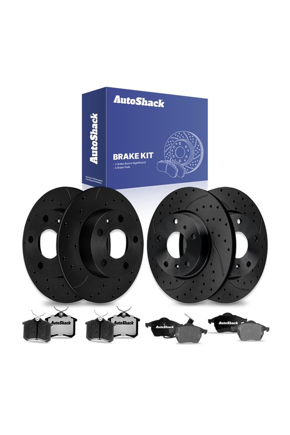 Front & Rear Brake Rotors & Ceramic Pads for Volkswagen, Golf 1999, 2001, FWD L4 1.8L V6 2.8L - E-Coated Drilled & Slotted - Black Finish - NightGuard