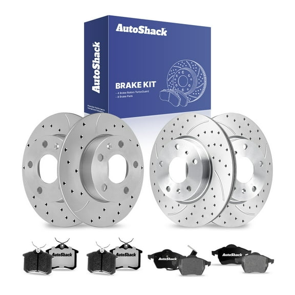 AutoShack Front & Rear Drilled & Slotted Brake Rotors Ceramic Brake Pads | Replacement for 1999 2001 Volkswagen Golf 1.8L 2.8L V6 FWD | Silver Matte Finish | 12-PC Brake Kit | TurboGuard