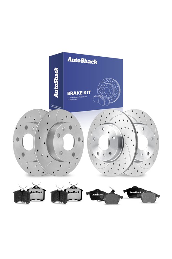 Front & Rear Brake Rotors & Ceramic Pads for Volkswagen, Golf 1999, 2001, FWD L4 1.8L V6 2.8L - Coated Drilled & Slotted - Silver Matte Finish - TurboGuard