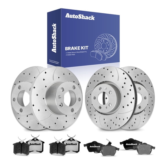 AutoShack Front & Rear Brake Rotors & Ceramic Pads for Volkswagen, Golf 1999, 2001, FWD L4 1.8L V6 2.8L - Silver Zinc Coated Drilled & Slotted - SilverShield Pro