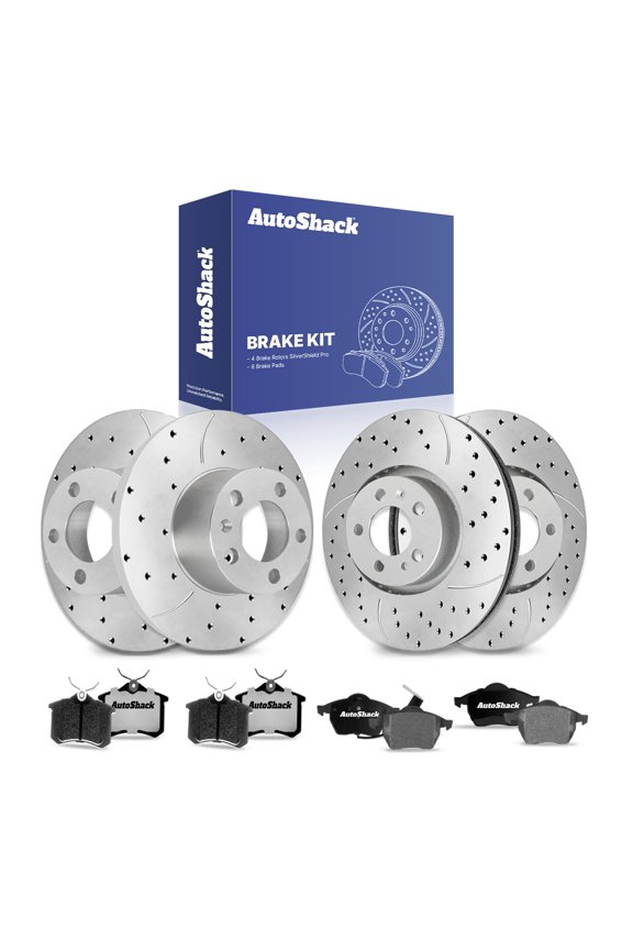 Front & Rear Brake Rotors & Ceramic Pads for Volkswagen, Golf 1999, 2001, FWD L4 1.8L V6 2.8L - Silver Zinc Coated Drilled & Slotted - SilverShield Pro