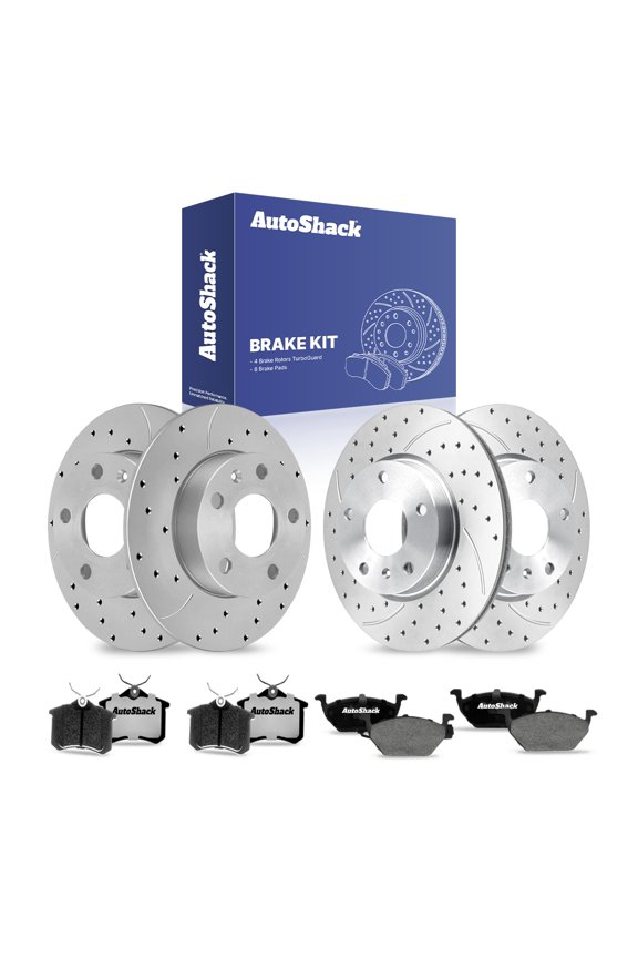 Front & Rear Brake Rotors & Ceramic Pads for Volkswagen, Golf 2000-2001, FWD L4 1.9L 2.0L - Coated Drilled & Slotted - Silver Matte Finish - TurboGuard