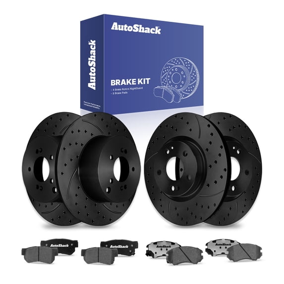 AutoShack Front & Rear Brake Rotors & Ceramic Pads for Kia & Hyundai, Sportage 2005-2010 Tucson 2005-2009, 4WD AWD L4 2.0L V6 2.7L - E-Coated Drilled & Slotted - Black Finish - NightGuard