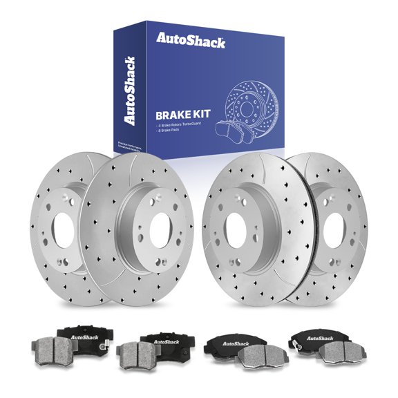 AutoShack Front & Rear Brake Rotors & Ceramic Pads for Honda, Civic 2006-2011, FWD L4 1.8L - Coated Drilled & Slotted - Silver Matte Finish - TurboGuard
