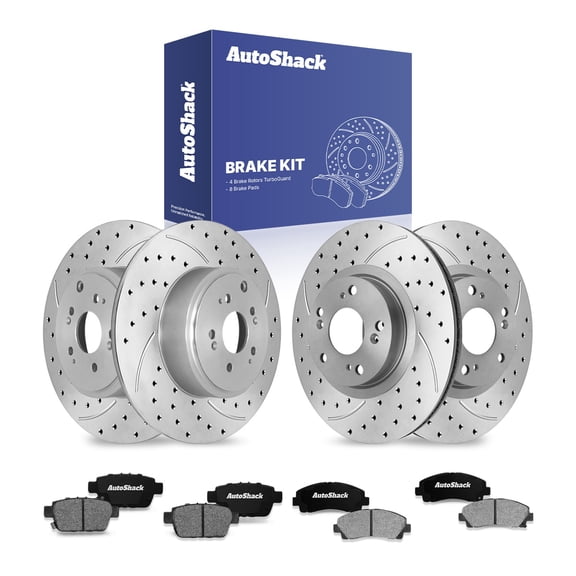 AutoShack Front & Rear Brake Rotors & Ceramic Pads for Honda, Ridgeline 2006-2011, AWD V6 3.5L - Coated Drilled & Slotted - Silver Matte Finish - TurboGuard