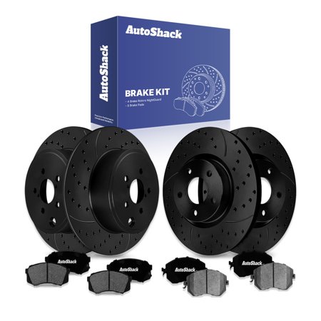 AutoShack Front & Rear Brake Rotors & Ceramic Pads for Subaru, Impreza 2010-2011 BRZ 2013-2015, RWD AWD H4 2.0L 2.5L - E-Coated Drilled & Slotted - Black Finish - NightGuard