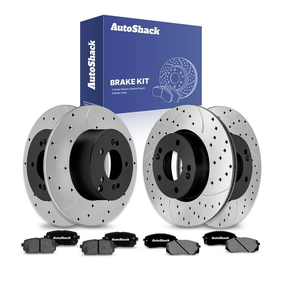 AutoShack Front Vented & Rear Solid Drilled & Slotted E-Coated Brake Rotors + Ceramic Pads 12-PC Brake Kit Replacement for 2010-2012 Kia Rondo ShadowGuard