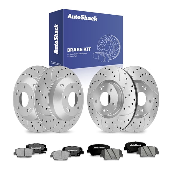 AutoShack Front & Rear Drilled Slotted Brake Rotors Ceramic Brake Pads | Replacement for 2011-2013 Kia Sorento 2010-2012 Hyundai Santa Fe AWD FWD | Silver Matte Finish | 12-PC Brake Kit | TurboGuard